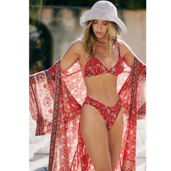 Boho Red Floral Print Kimono Sleeve Belted Cover Up - Picture 7 of 8